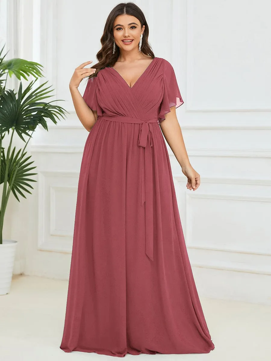 Custom Size V-Neck Flutter Sleeve Floor-Length A-Line Chiffon Evening Dress
