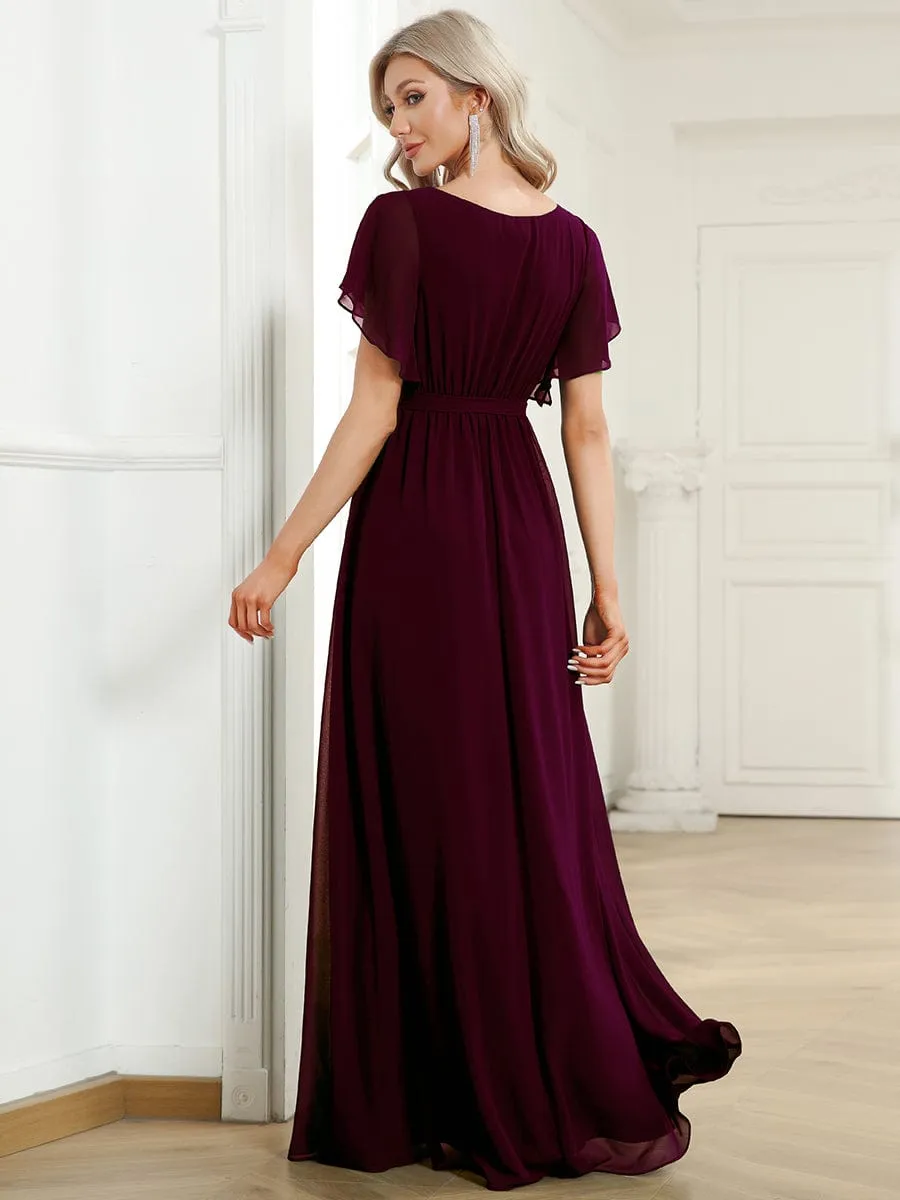 Custom Size V-Neck Flutter Sleeve Floor-Length A-Line Chiffon Evening Dress