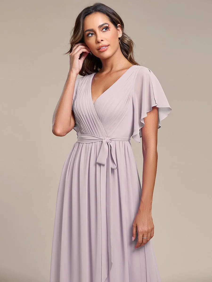 Custom Size V-Neck Flutter Sleeve Floor-Length A-Line Chiffon Evening Dress