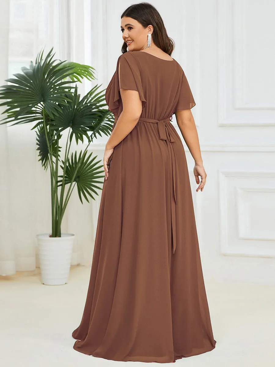 Custom Size V-Neck Flutter Sleeve Floor-Length A-Line Chiffon Evening Dress