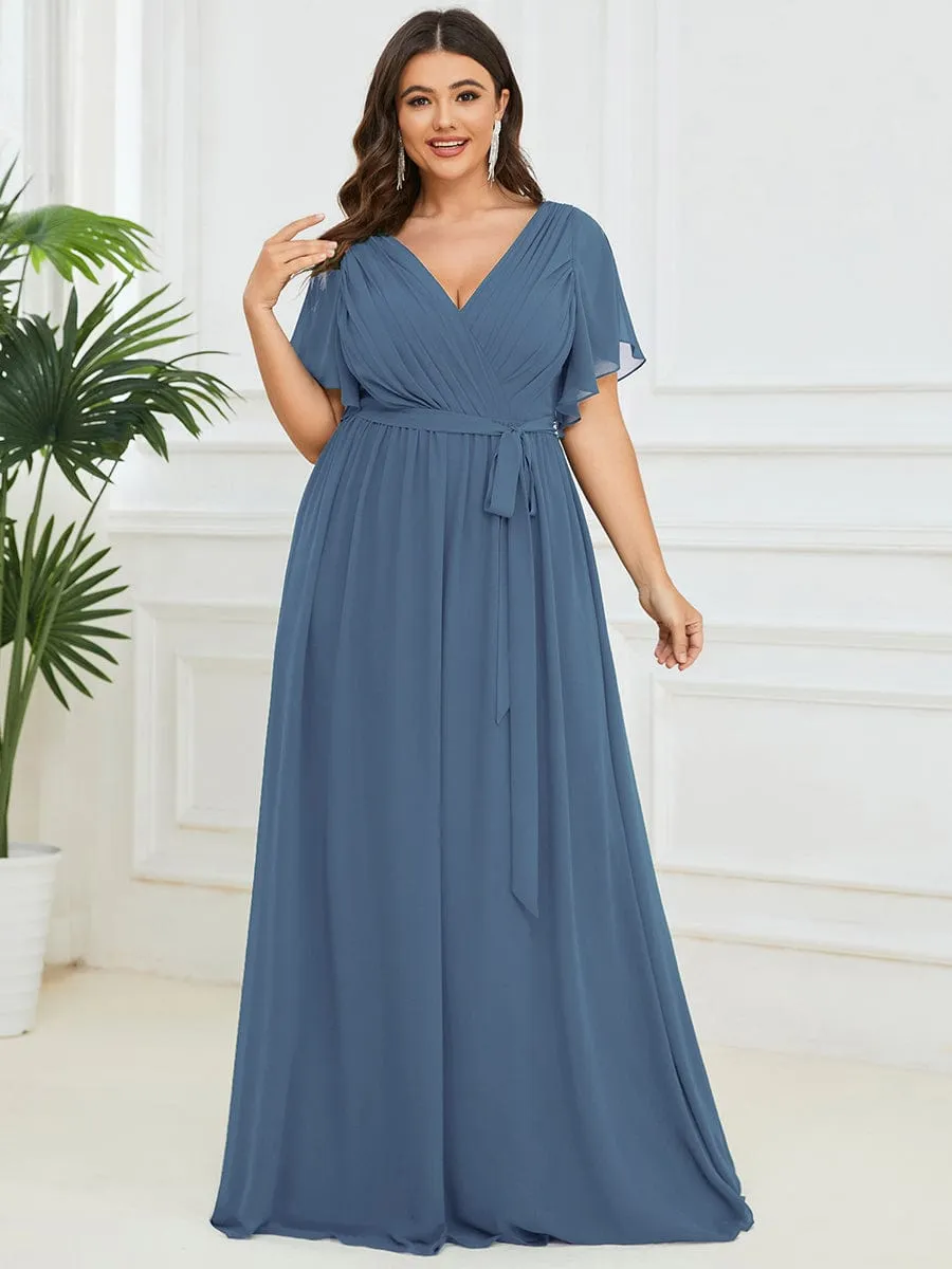 Custom Size V-Neck Flutter Sleeve Floor-Length A-Line Chiffon Evening Dress