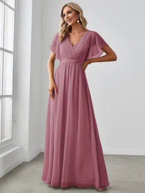 Custom Size V-Neck Flutter Sleeve Floor-Length A-Line Chiffon Evening Dress