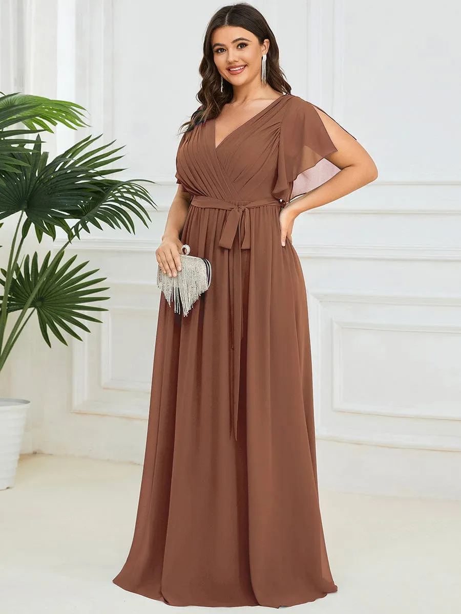 Custom Size V-Neck Flutter Sleeve Floor-Length A-Line Chiffon Evening Dress