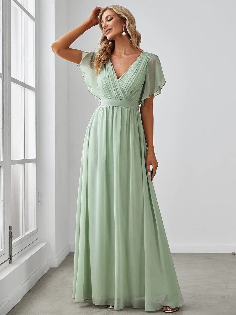 Custom Size V-Neck Flutter Sleeve Floor-Length A-Line Chiffon Evening Dress
