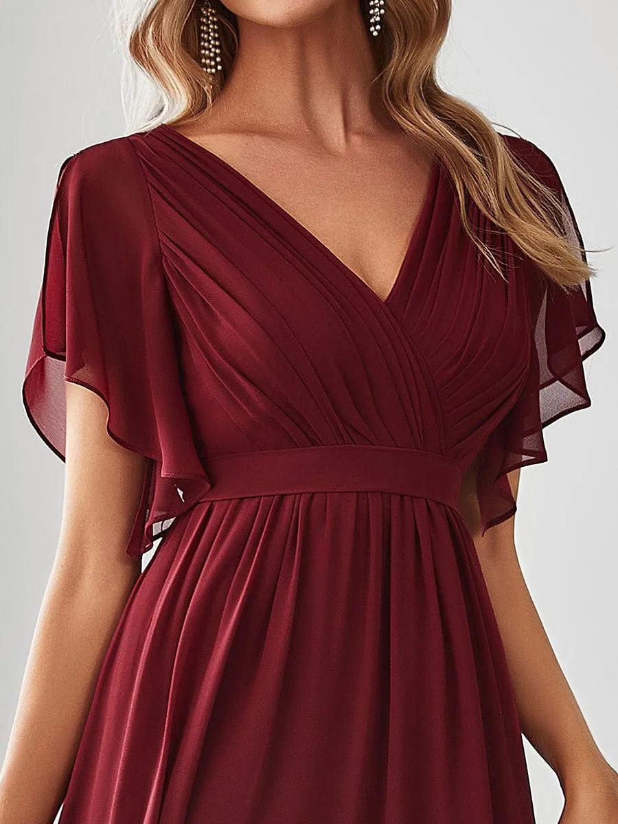 Custom Size V-Neck Flutter Sleeve Floor-Length A-Line Chiffon Evening Dress