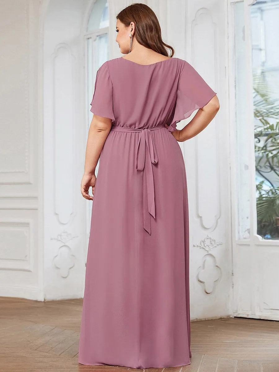 Custom Size V-Neck Flutter Sleeve Floor-Length A-Line Chiffon Evening Dress