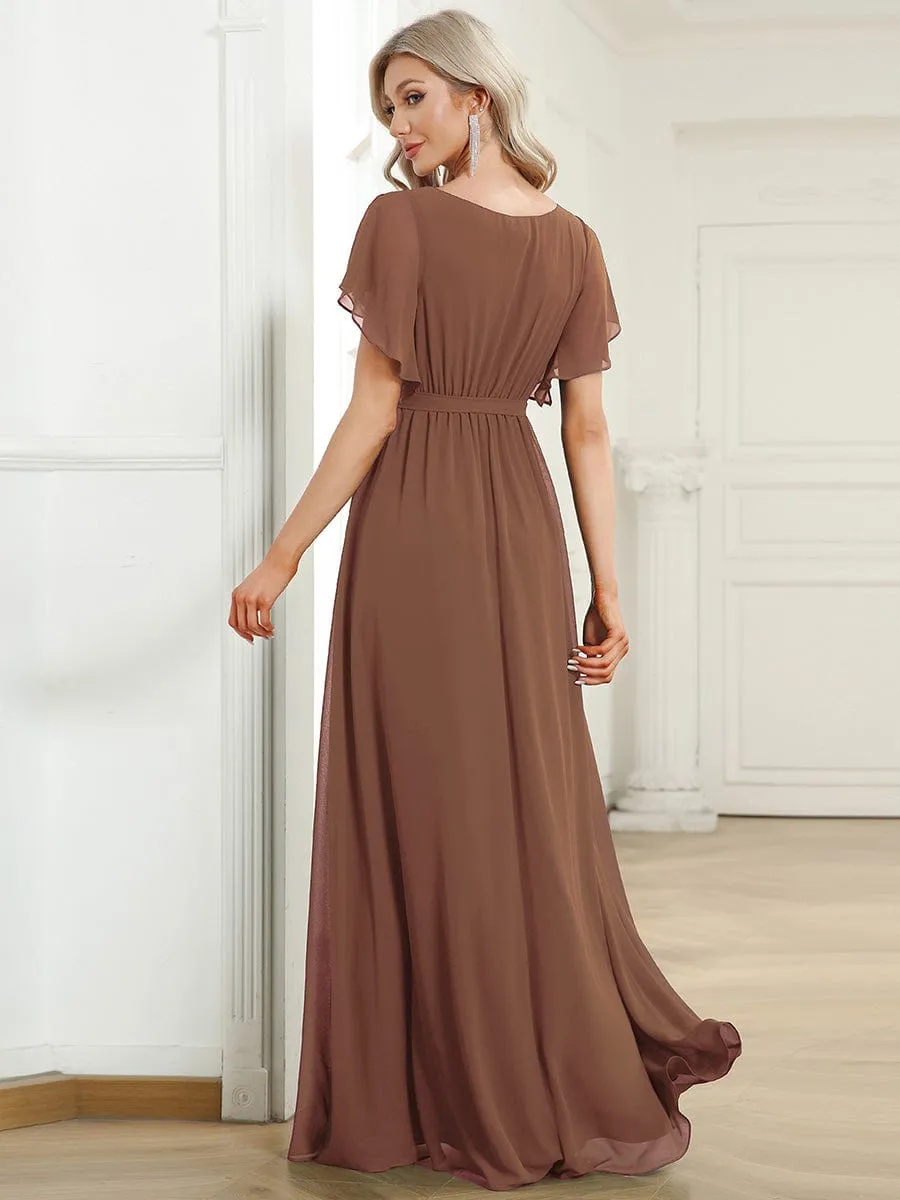 Custom Size V-Neck Flutter Sleeve Floor-Length A-Line Chiffon Evening Dress