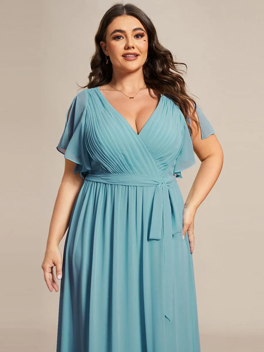 Custom Size V-Neck Flutter Sleeve Floor-Length A-Line Chiffon Evening Dress