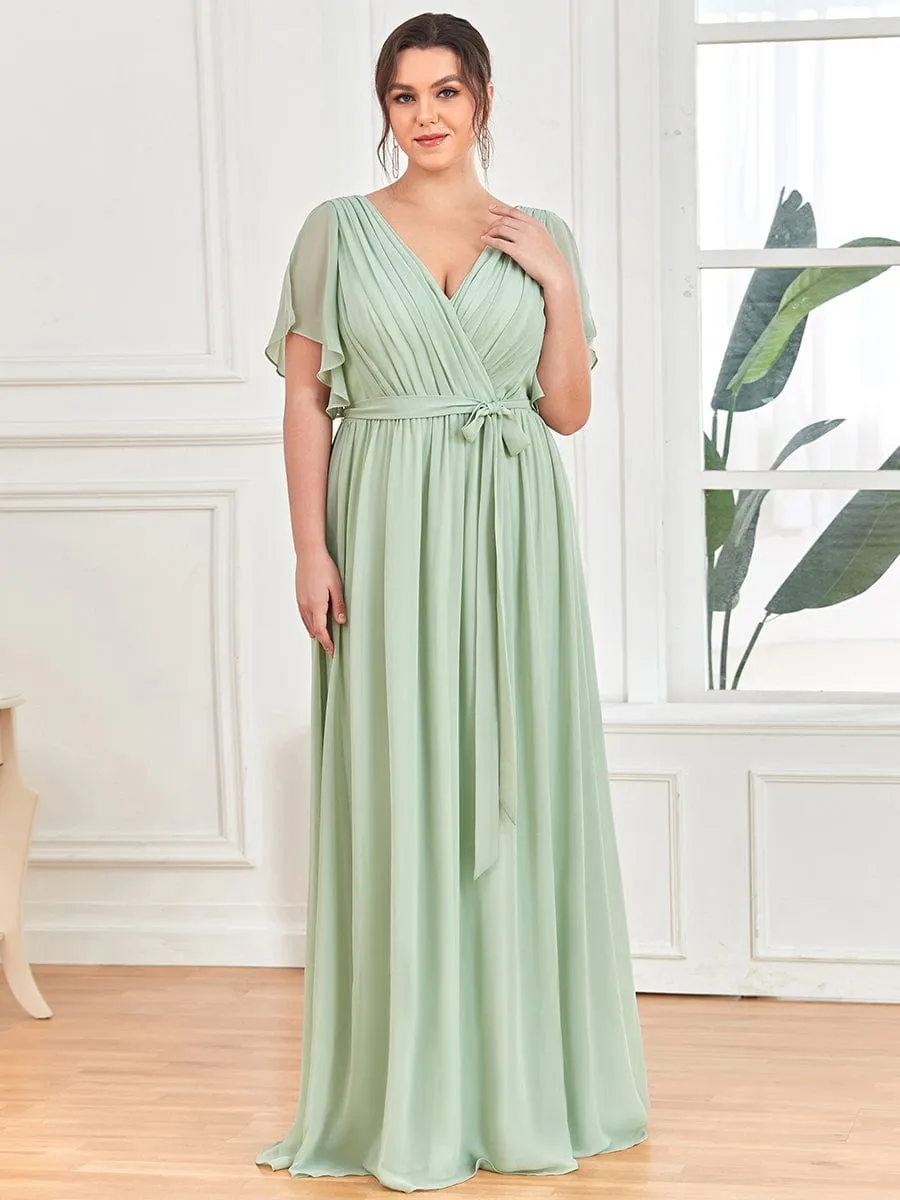 Custom Size V-Neck Flutter Sleeve Floor-Length A-Line Chiffon Evening Dress