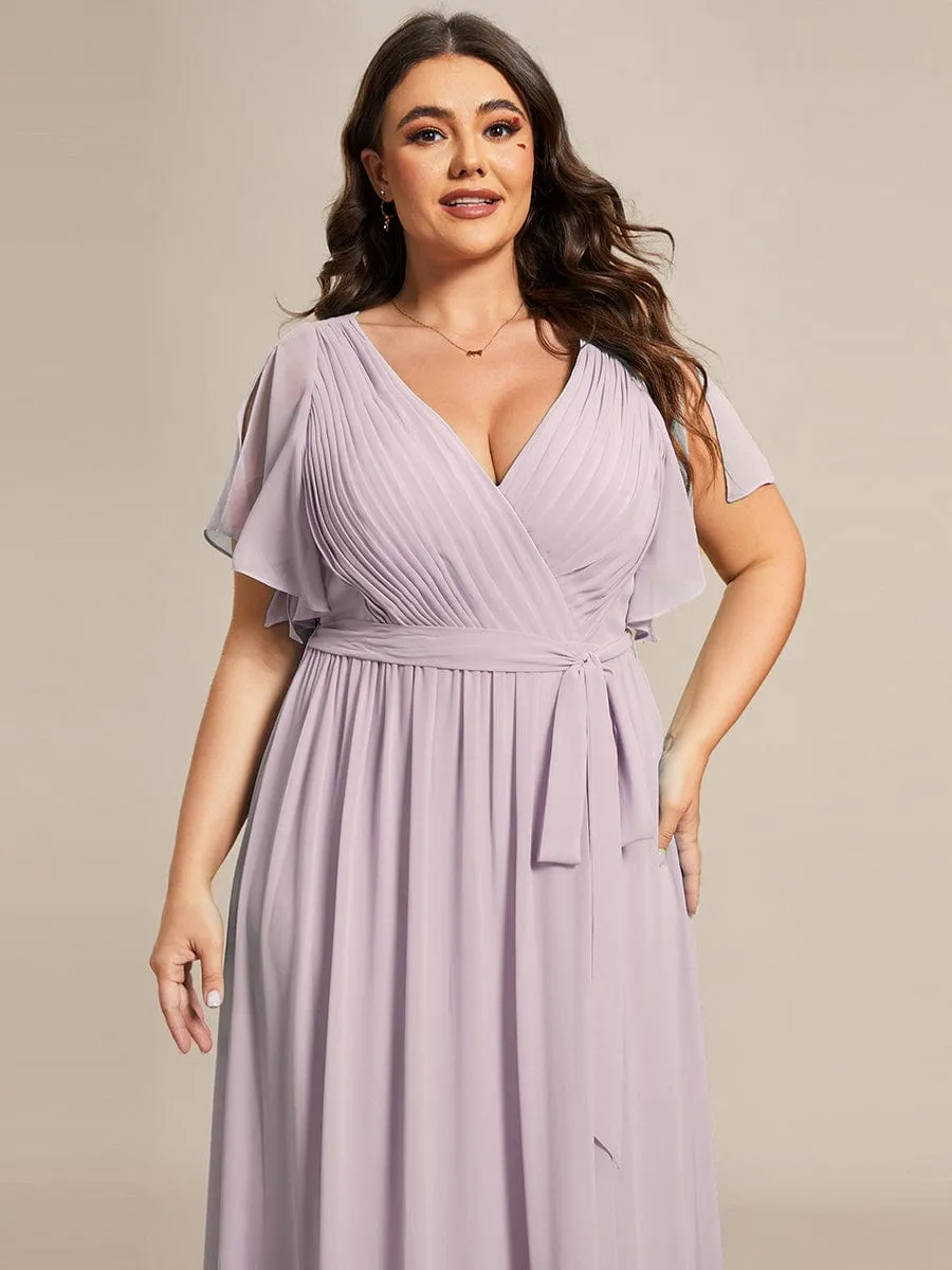 Custom Size V-Neck Flutter Sleeve Floor-Length A-Line Chiffon Evening Dress