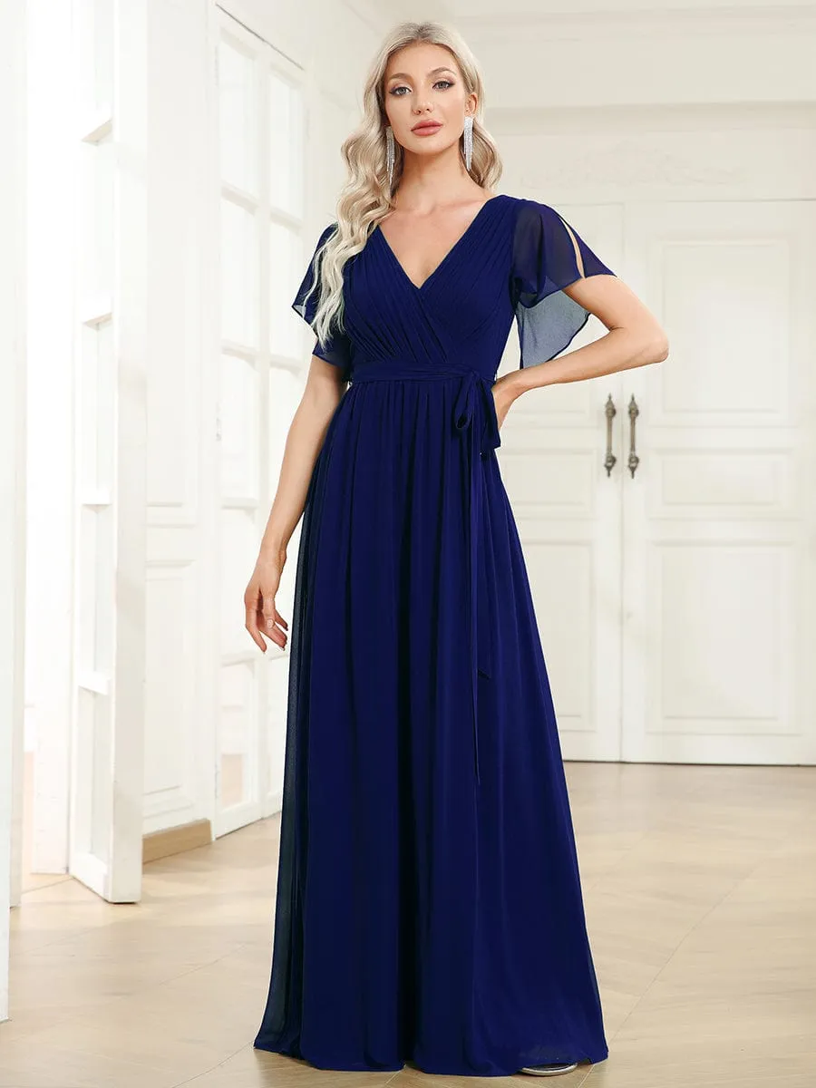 Custom Size V-Neck Flutter Sleeve Floor-Length A-Line Chiffon Evening Dress