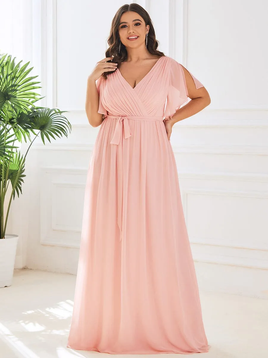 Custom Size V-Neck Flutter Sleeve Floor-Length A-Line Chiffon Evening Dress