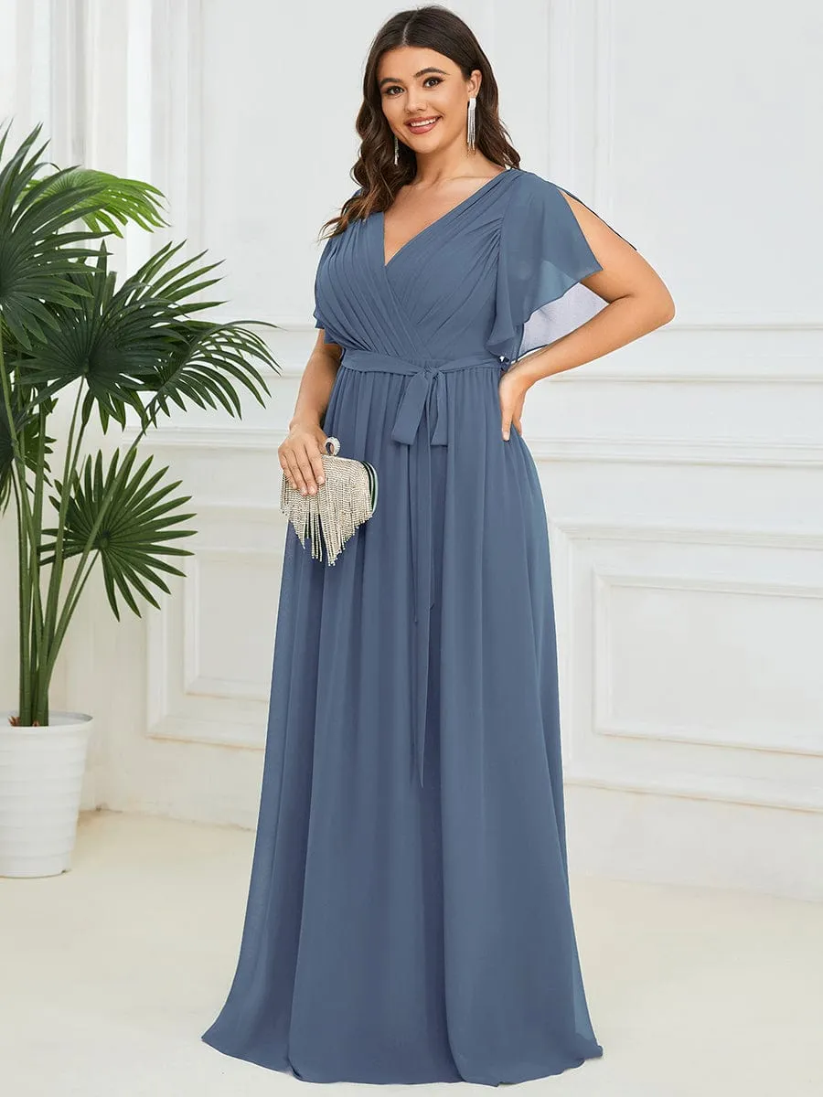 Custom Size V-Neck Flutter Sleeve Floor-Length A-Line Chiffon Evening Dress