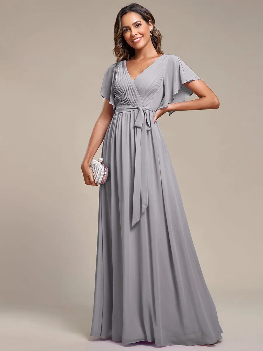 Custom Size V-Neck Flutter Sleeve Floor-Length A-Line Chiffon Evening Dress