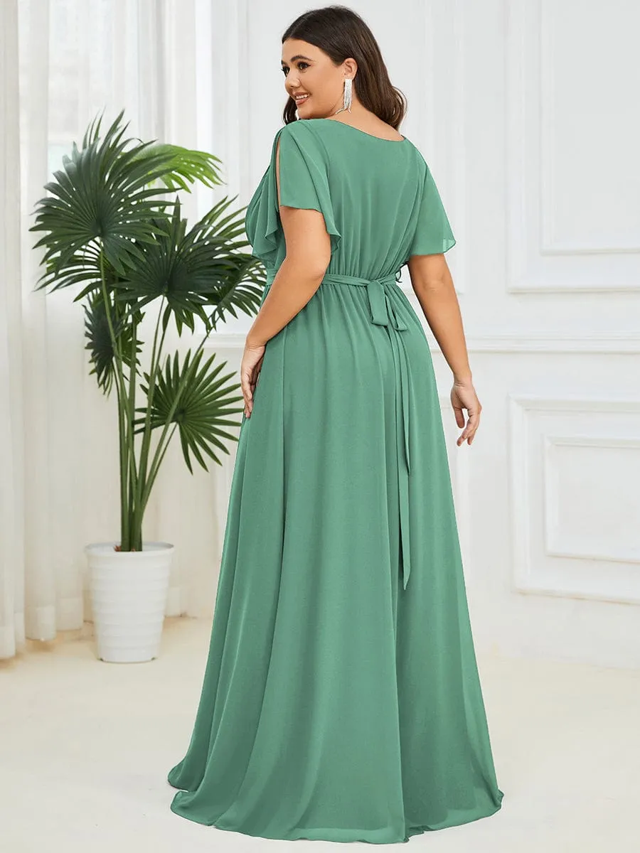 Custom Size V-Neck Flutter Sleeve Floor-Length A-Line Chiffon Evening Dress