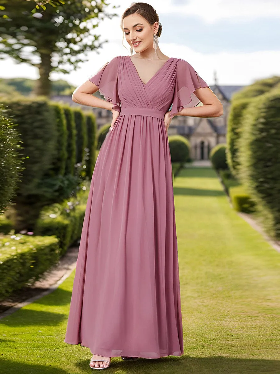 Custom Size V-Neck Flutter Sleeve Floor-Length A-Line Chiffon Evening Dress