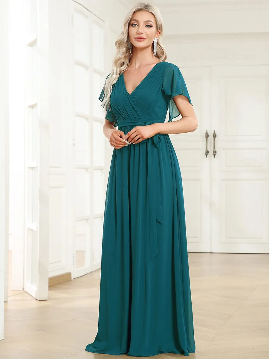 Custom Size V-Neck Flutter Sleeve Floor-Length A-Line Chiffon Evening Dress