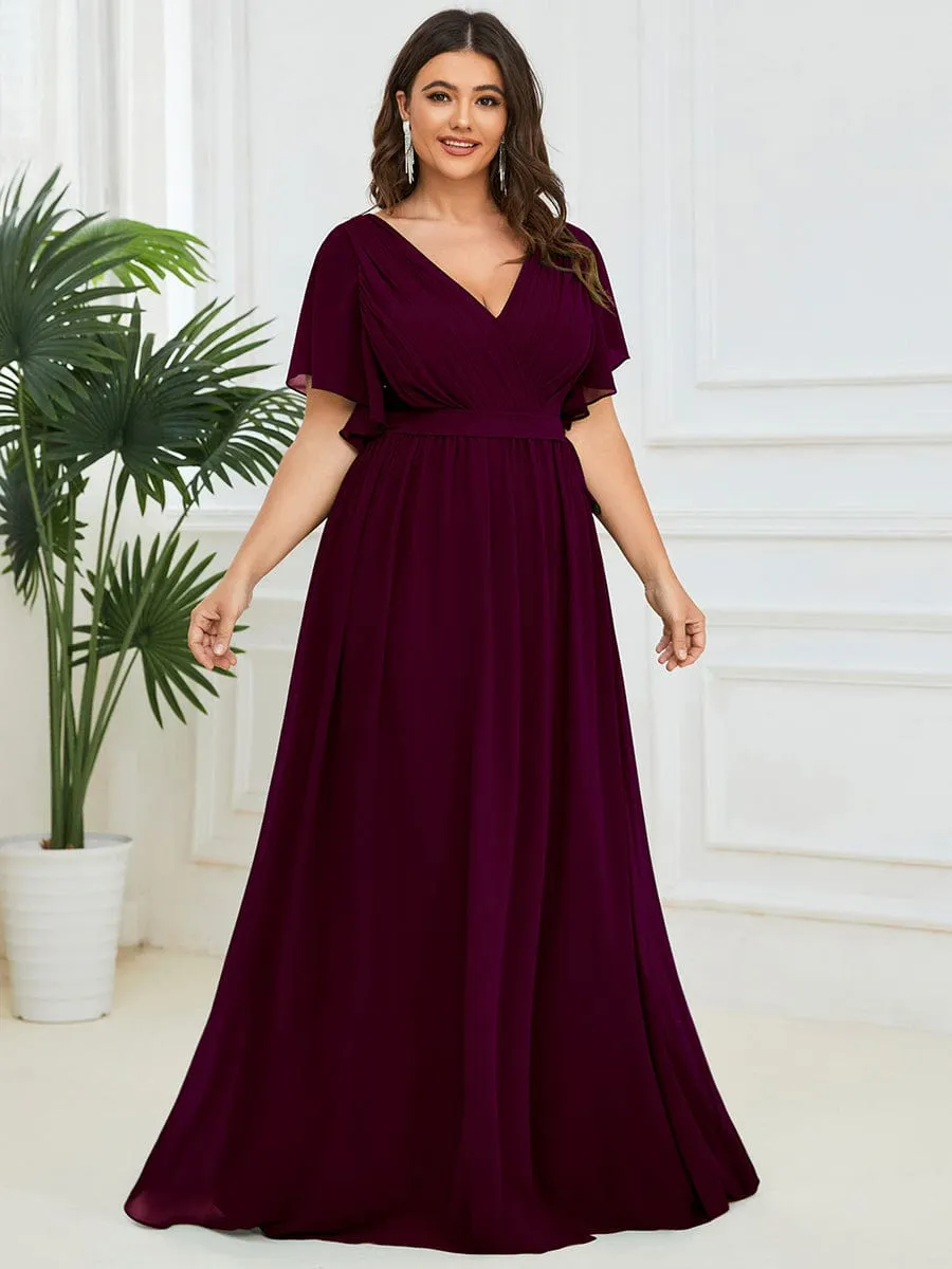 Custom Size V-Neck Flutter Sleeve Floor-Length A-Line Chiffon Evening Dress