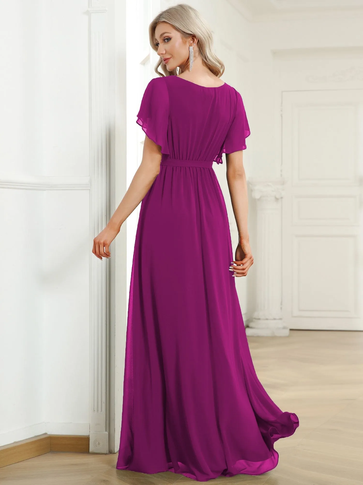 Custom Size V-Neck Flutter Sleeve Floor-Length A-Line Chiffon Evening Dress