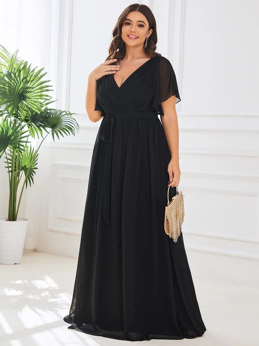 Custom Size V-Neck Flutter Sleeve Floor-Length A-Line Chiffon Evening Dress