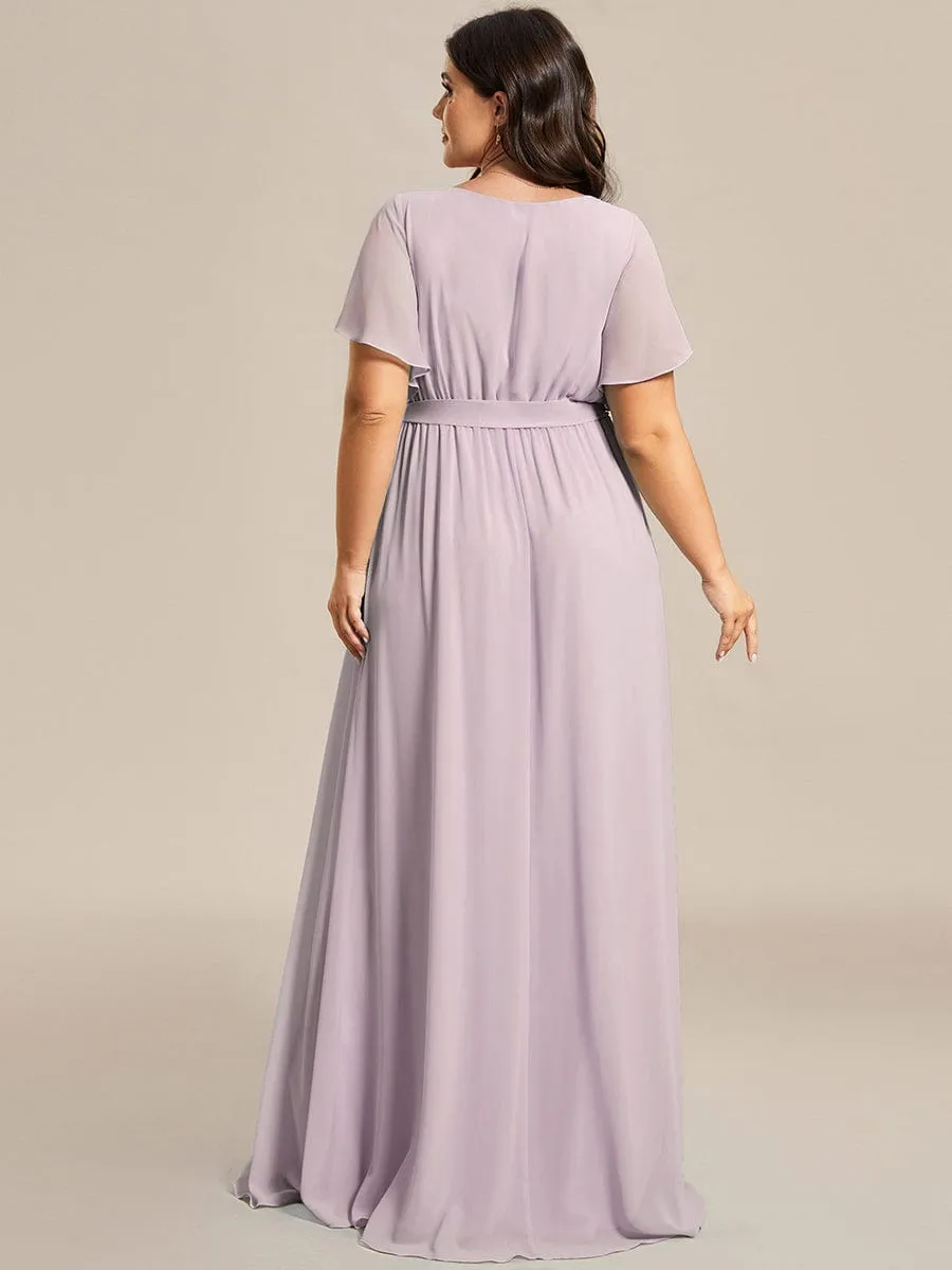 Custom Size V-Neck Flutter Sleeve Floor-Length A-Line Chiffon Evening Dress