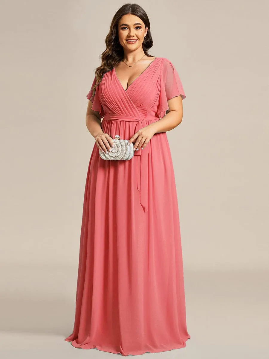 Custom Size V-Neck Flutter Sleeve Floor-Length A-Line Chiffon Evening Dress