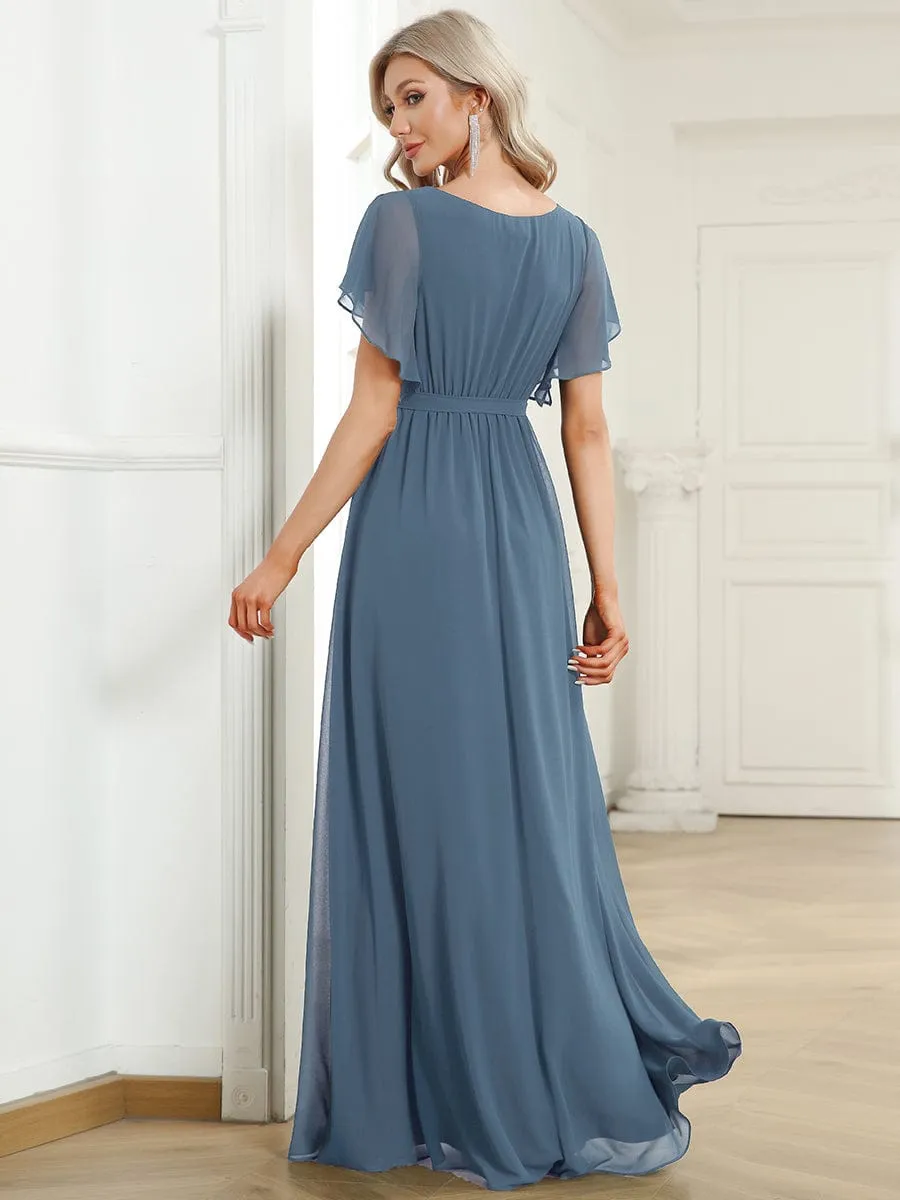 Custom Size V-Neck Flutter Sleeve Floor-Length A-Line Chiffon Evening Dress