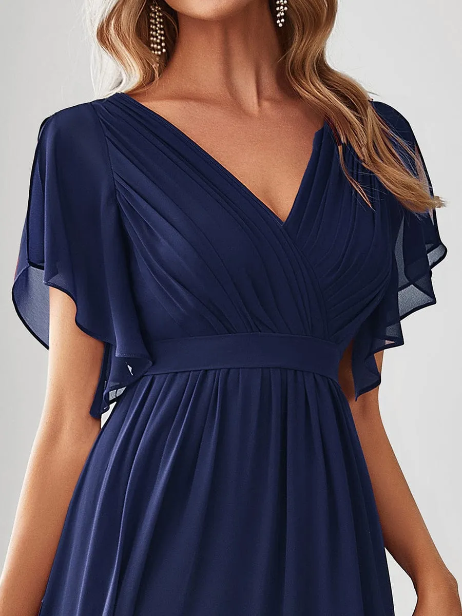 Custom Size V-Neck Flutter Sleeve Floor-Length A-Line Chiffon Evening Dress