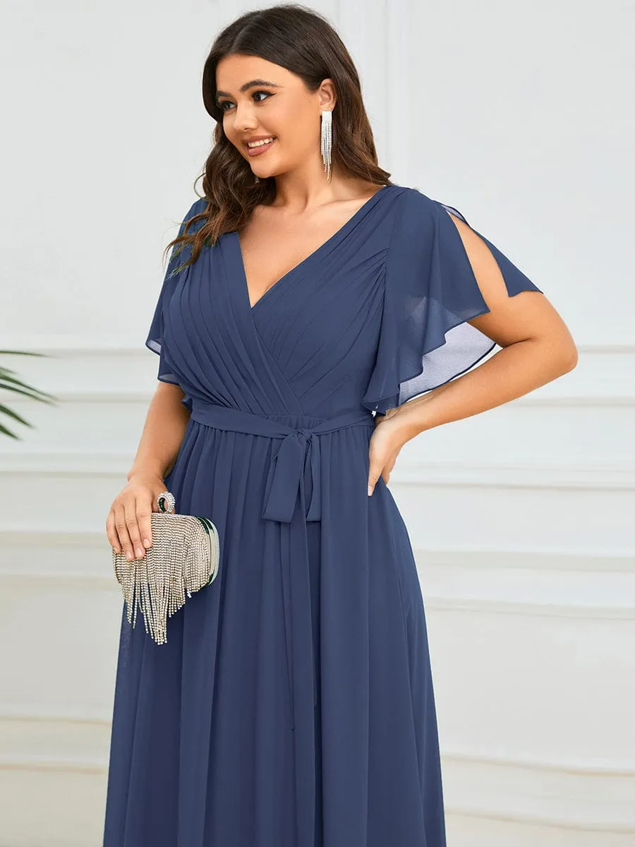 Custom Size V-Neck Flutter Sleeve Floor-Length A-Line Chiffon Evening Dress