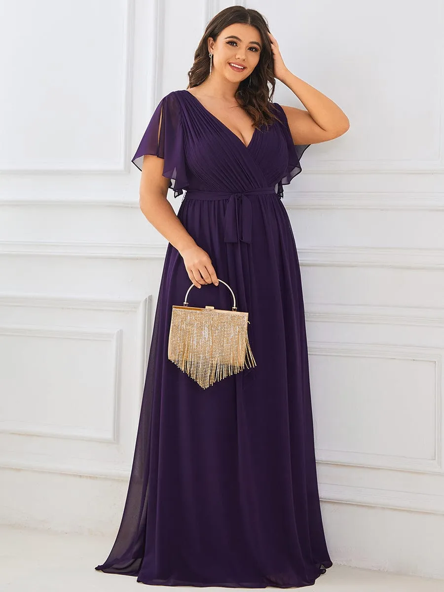 Custom Size V-Neck Flutter Sleeve Floor-Length A-Line Chiffon Evening Dress