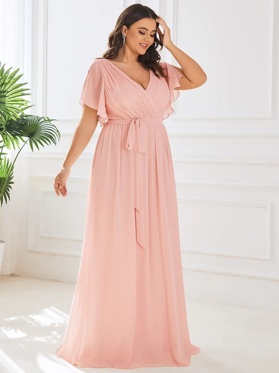 Custom Size V-Neck Flutter Sleeve Floor-Length A-Line Chiffon Evening Dress