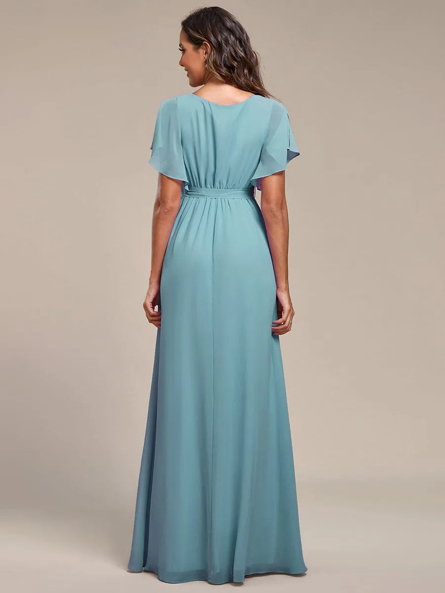 Custom Size V-Neck Flutter Sleeve Floor-Length A-Line Chiffon Evening Dress