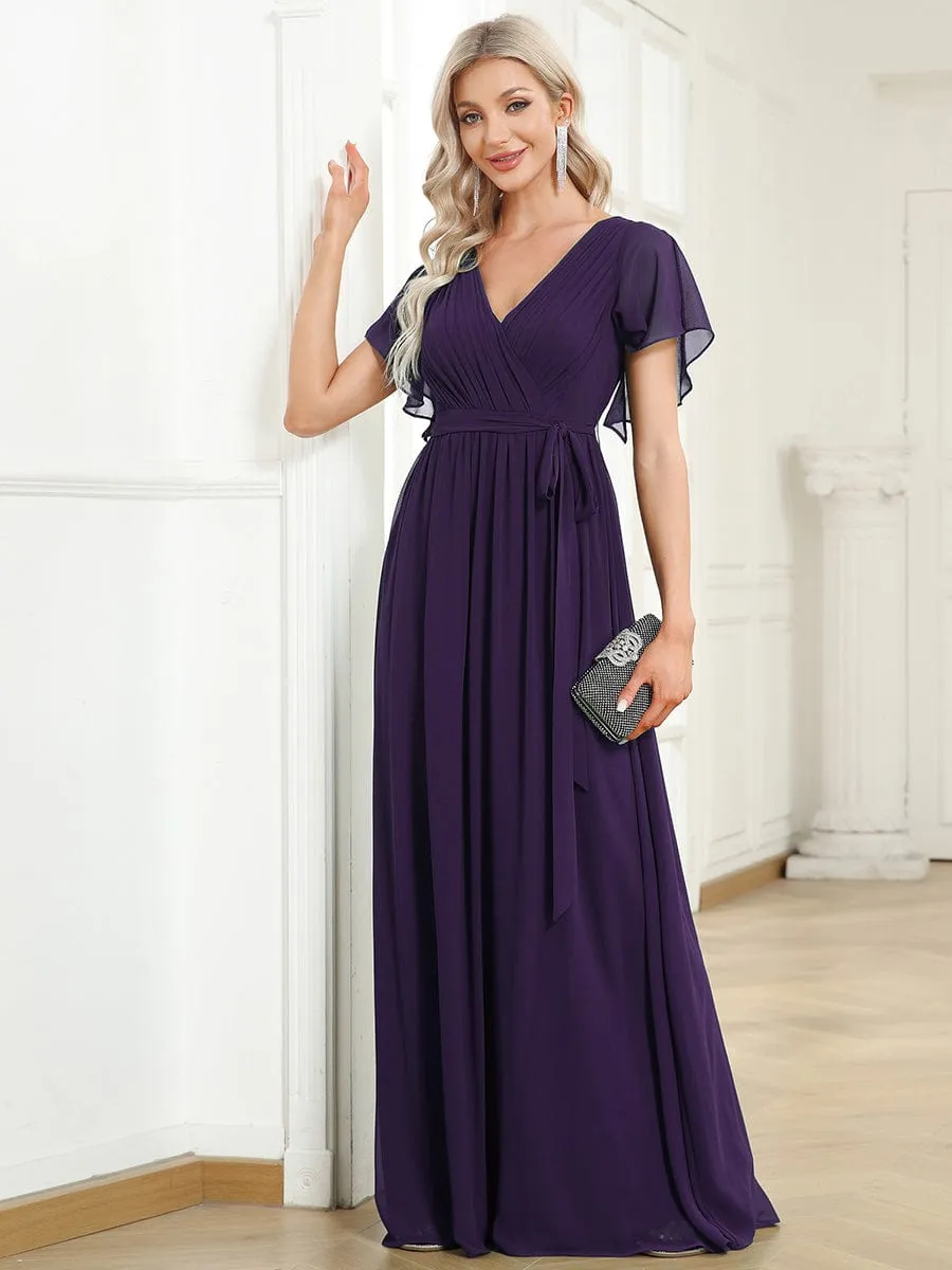 Custom Size V-Neck Flutter Sleeve Floor-Length A-Line Chiffon Evening Dress