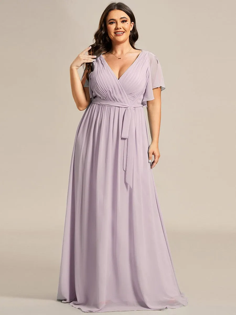 Custom Size V-Neck Flutter Sleeve Floor-Length A-Line Chiffon Evening Dress