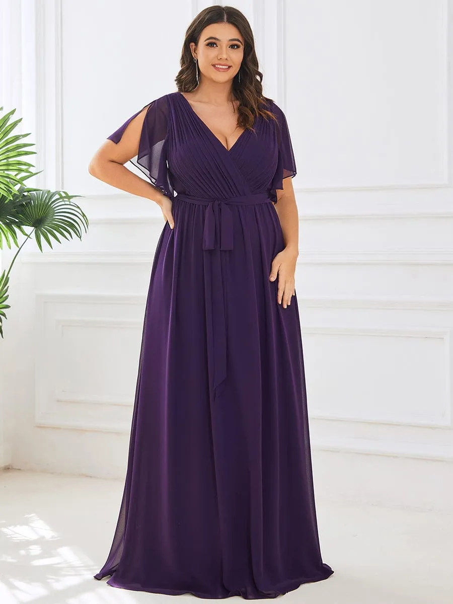 Custom Size V-Neck Flutter Sleeve Floor-Length A-Line Chiffon Evening Dress