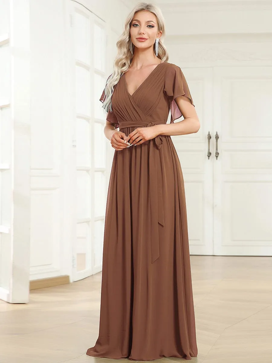 Custom Size V-Neck Flutter Sleeve Floor-Length A-Line Chiffon Evening Dress