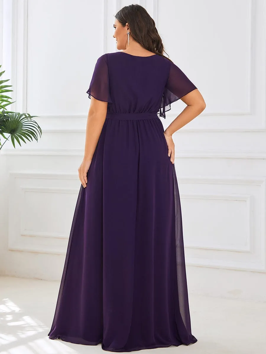Custom Size V-Neck Flutter Sleeve Floor-Length A-Line Chiffon Evening Dress
