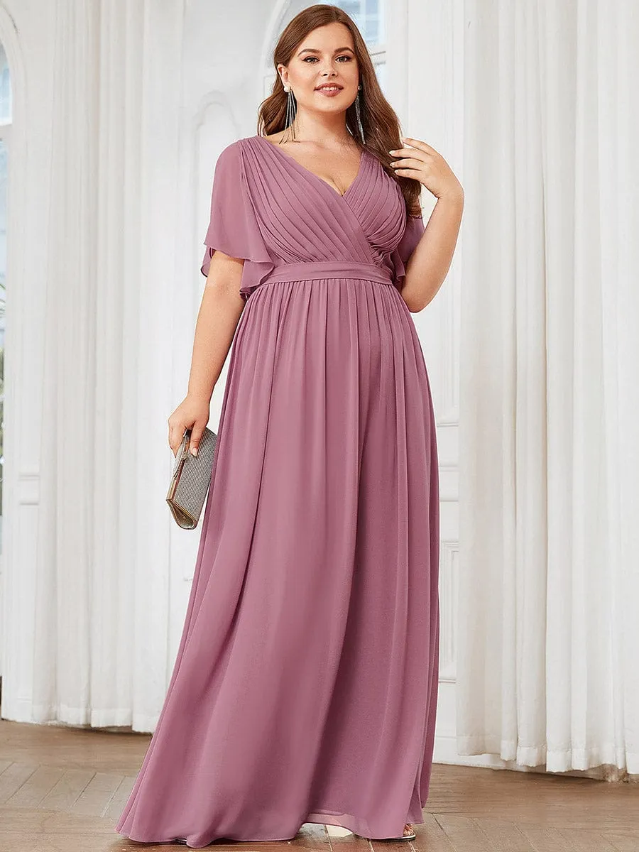 Custom Size V-Neck Flutter Sleeve Floor-Length A-Line Chiffon Evening Dress