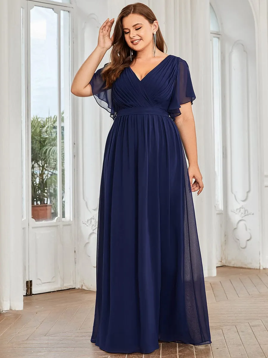 Custom Size V-Neck Flutter Sleeve Floor-Length A-Line Chiffon Evening Dress