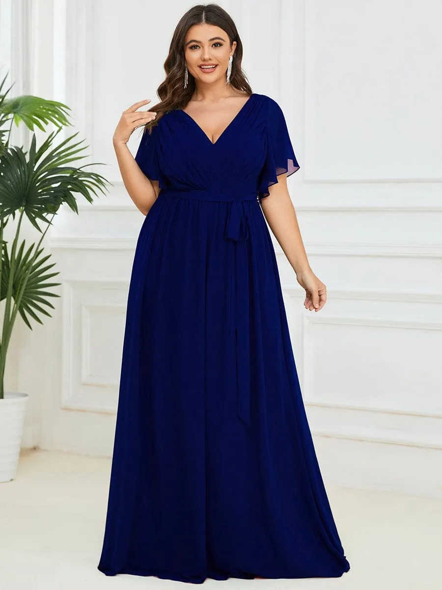 Custom Size V-Neck Flutter Sleeve Floor-Length A-Line Chiffon Evening Dress