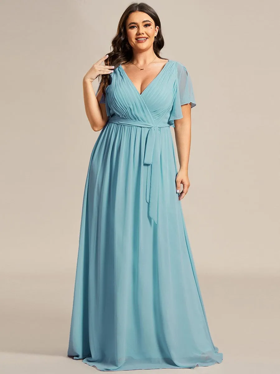 Custom Size V-Neck Flutter Sleeve Floor-Length A-Line Chiffon Evening Dress