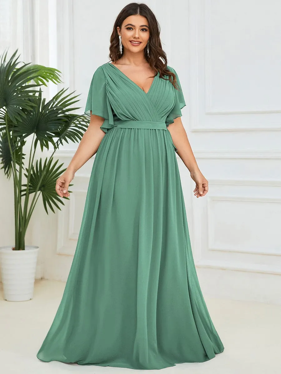 Custom Size V-Neck Flutter Sleeve Floor-Length A-Line Chiffon Evening Dress