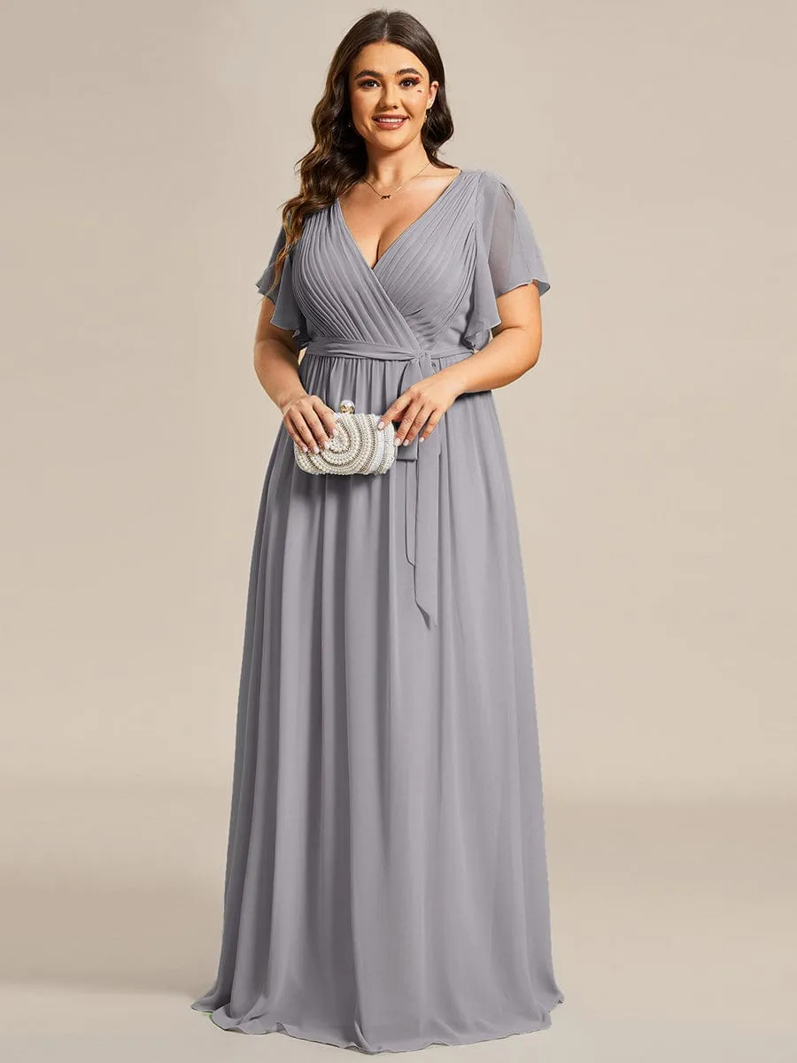 Custom Size V-Neck Flutter Sleeve Floor-Length A-Line Chiffon Evening Dress