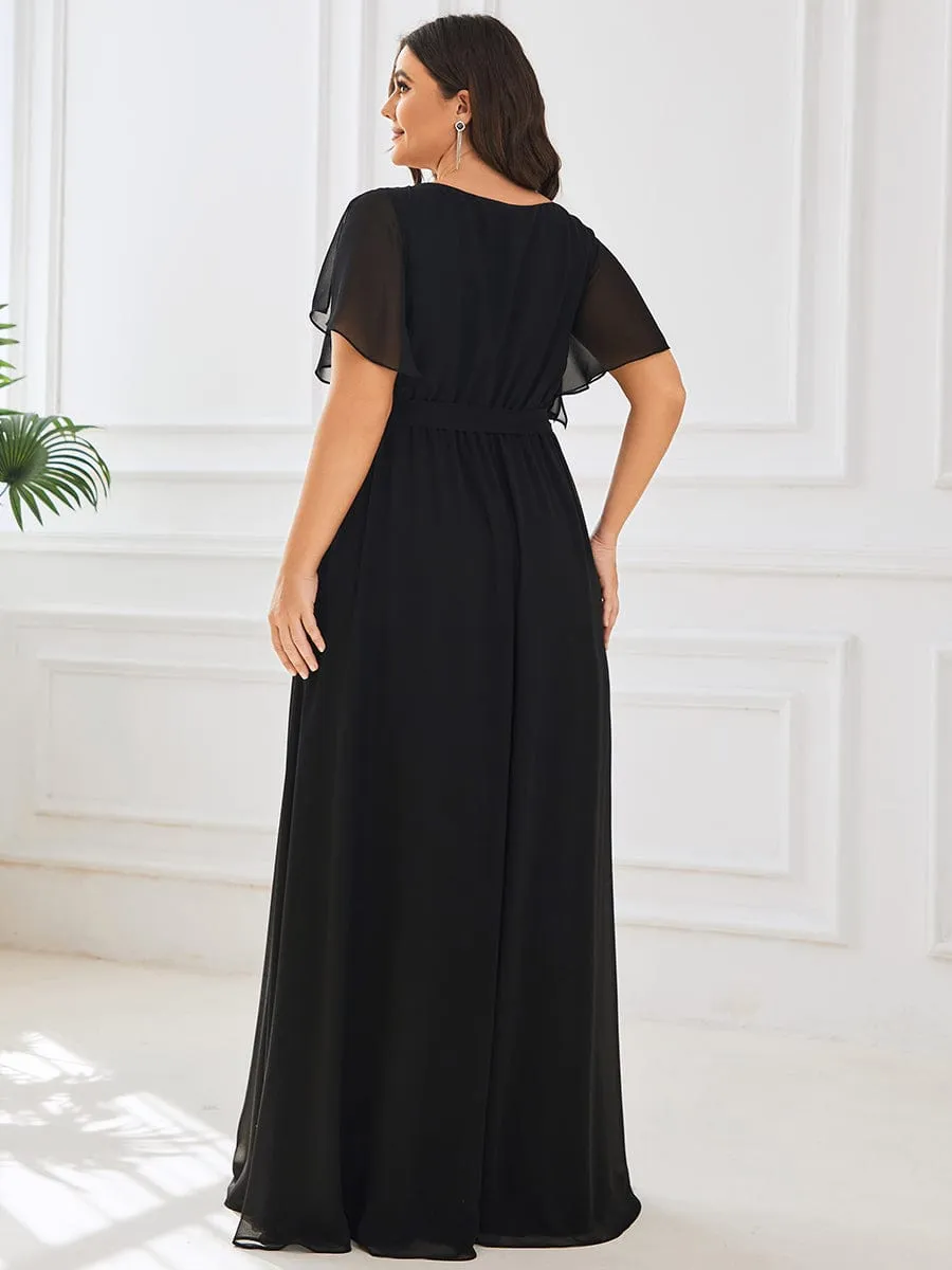 Custom Size V-Neck Flutter Sleeve Floor-Length A-Line Chiffon Evening Dress