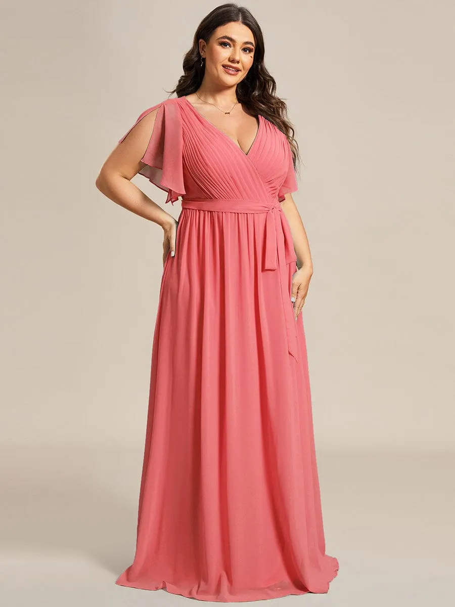 Custom Size V-Neck Flutter Sleeve Floor-Length A-Line Chiffon Evening Dress