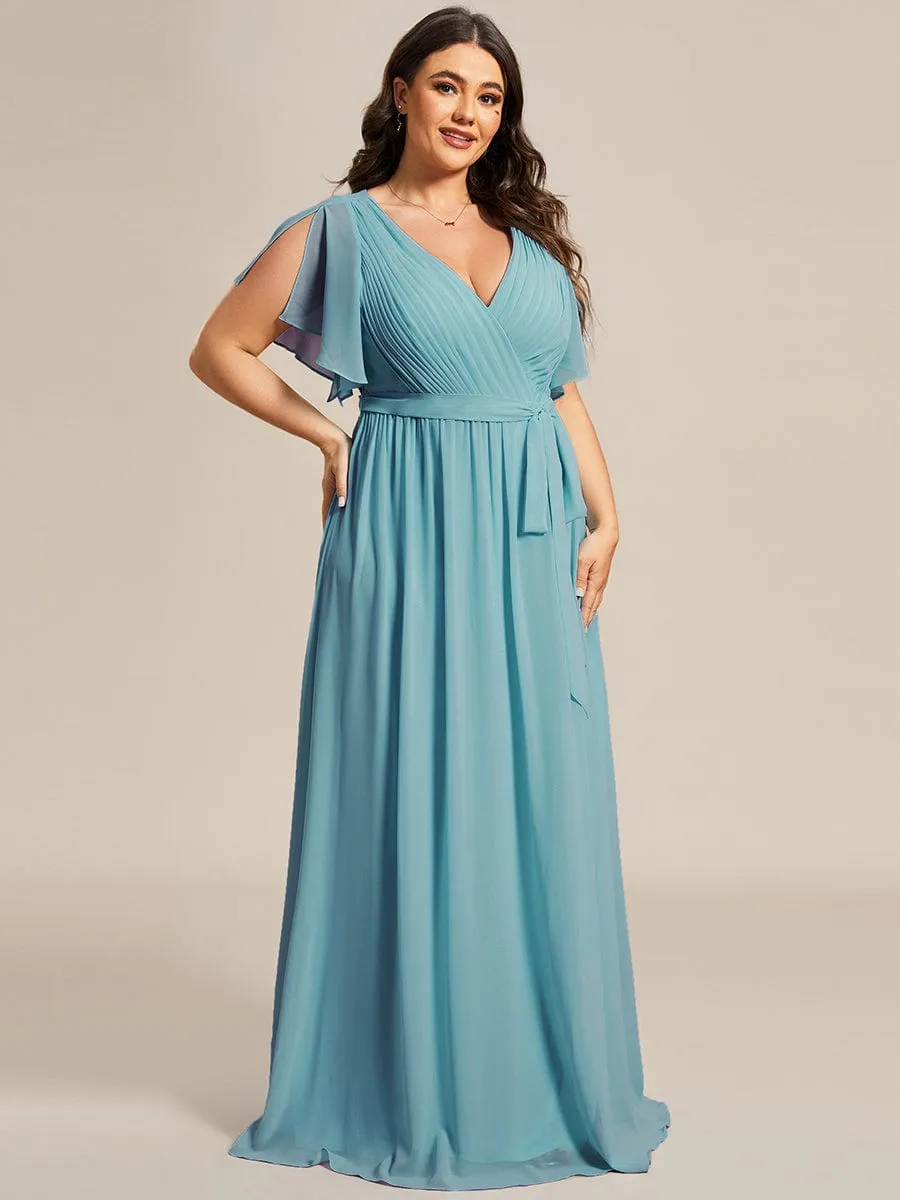 Custom Size V-Neck Flutter Sleeve Floor-Length A-Line Chiffon Evening Dress
