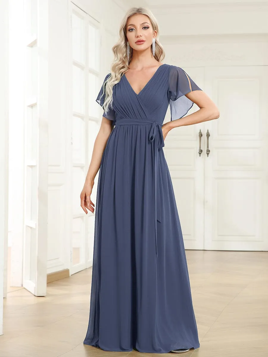 Custom Size V-Neck Flutter Sleeve Floor-Length A-Line Chiffon Evening Dress