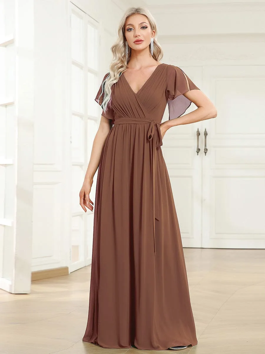 Custom Size V-Neck Flutter Sleeve Floor-Length A-Line Chiffon Evening Dress