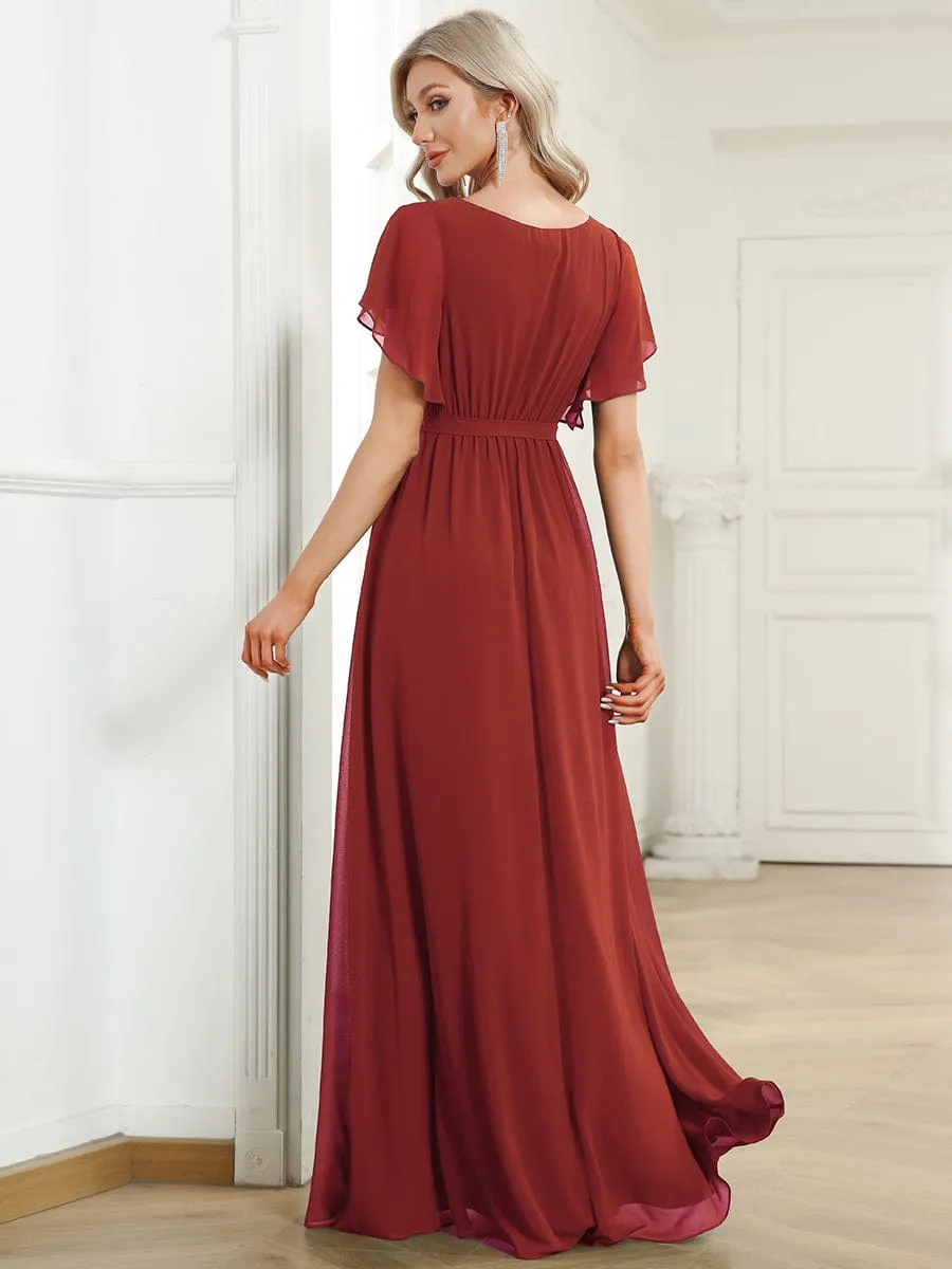 Custom Size V-Neck Flutter Sleeve Floor-Length A-Line Chiffon Evening Dress