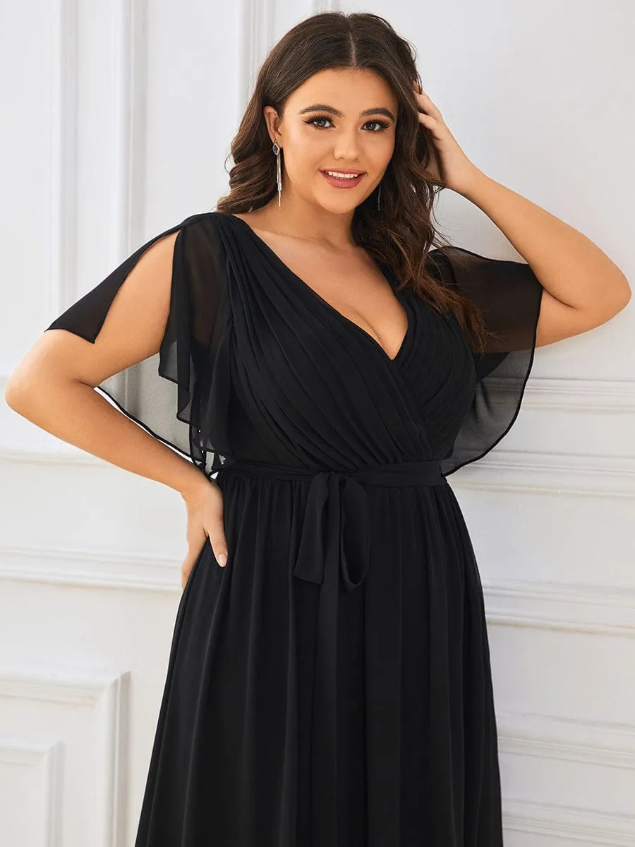 Custom Size V-Neck Flutter Sleeve Floor-Length A-Line Chiffon Evening Dress